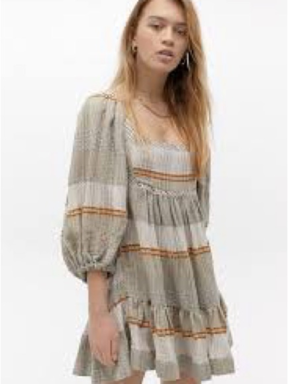 Free People Boho Tiered Flowy Mini Dress in Beige Plaid - Picture 3 of 5